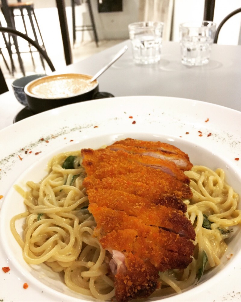 Salted Egg Fries Chicken Pasta paired with A Cup of Cappuccino