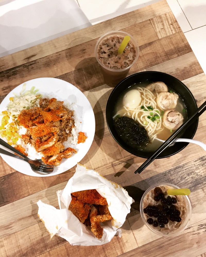 Taiwanese noodles, rice and spicy fried chicken compliment with bubble milk tea