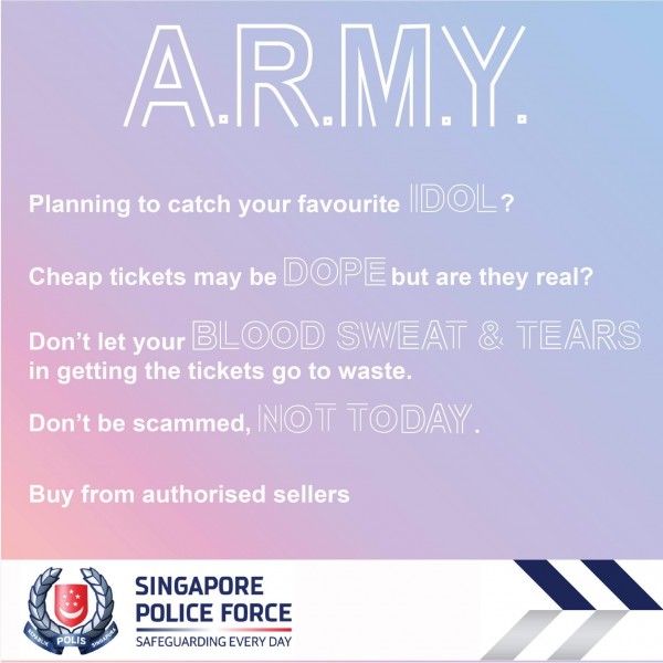 Just yesterday (Oct 27), Singapore Police Force released this BTS post on Facebook to act against the crime of selling fake tickets. A.R.M.Y fans are very impressed with the fact that the Police Force was able to come up with such a creative idea to protect and remind A.R.M.Ys. 